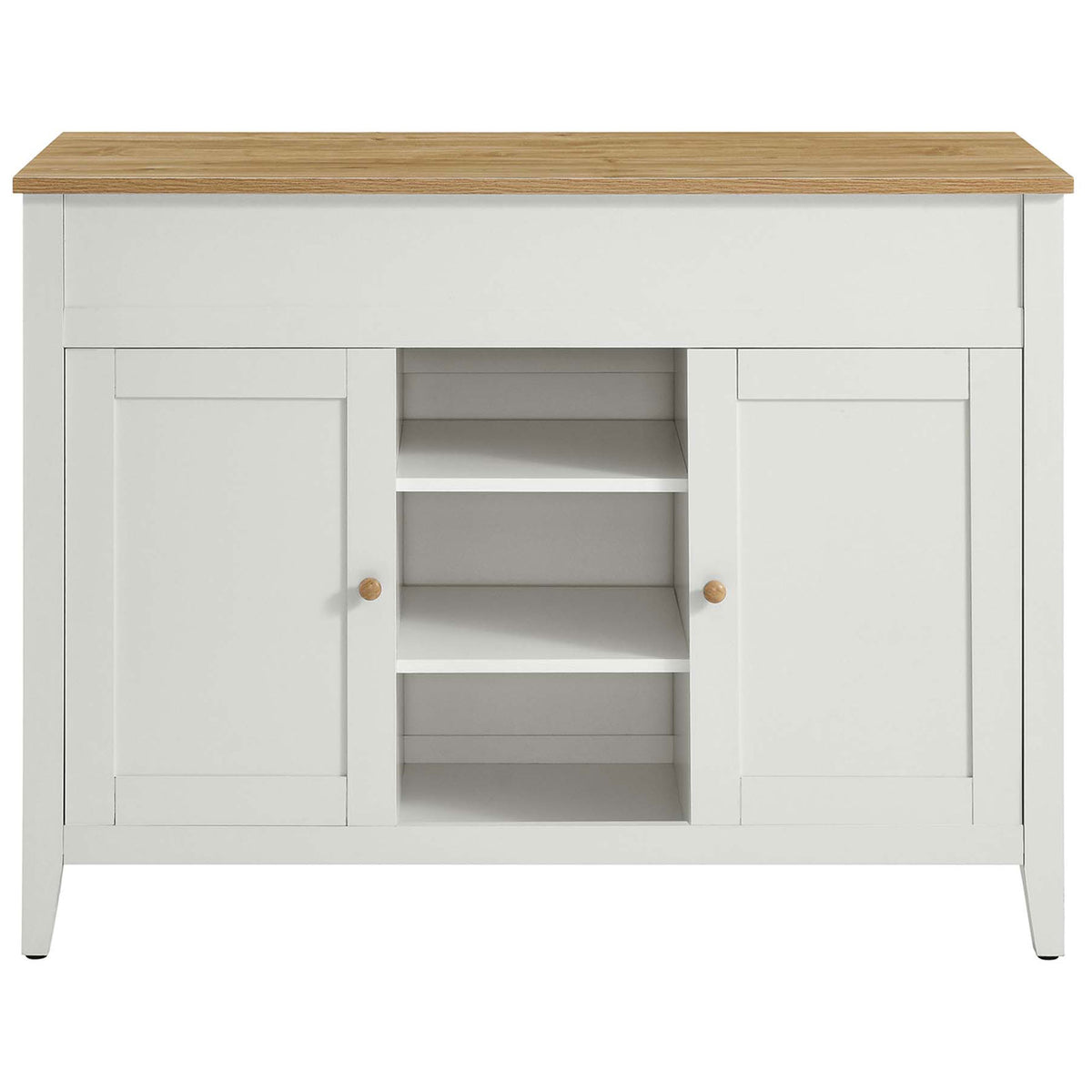 Modern white kitchen island with oak-look butcher block top and concealed cabinet storage || EEI-6727-OAK-WHI || front_studio