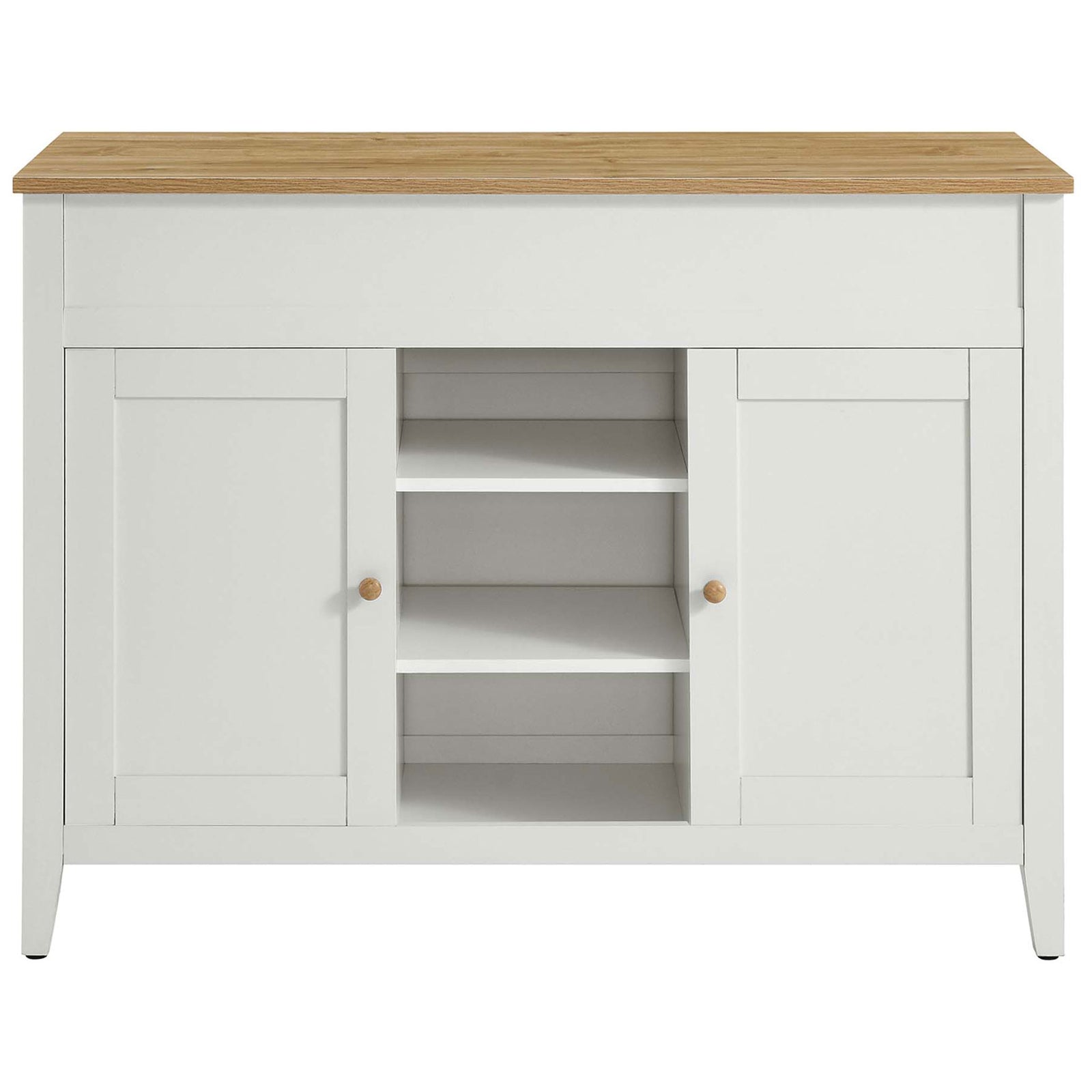 Modern white kitchen island with oak-look butcher block top and concealed cabinet storage || EEI-6727-OAK-WHI || front_studio