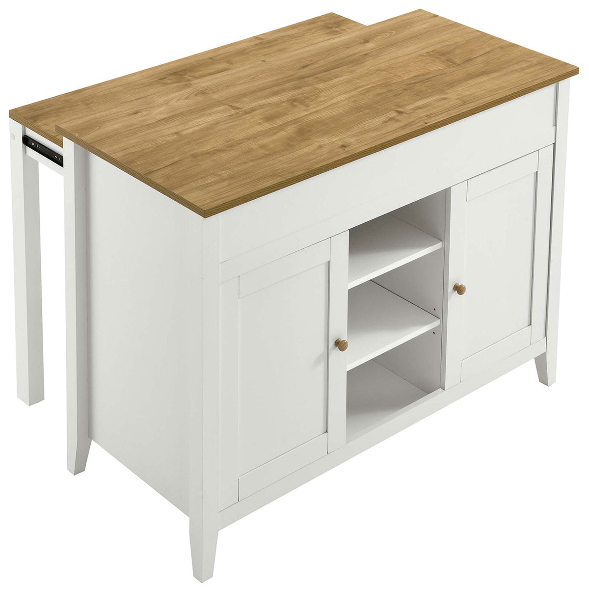 Kitchen island with oak-look top and pull out table extended to create extra prep and dining space || EEI-6727-OAK-WHI || top_angle_converted_studio