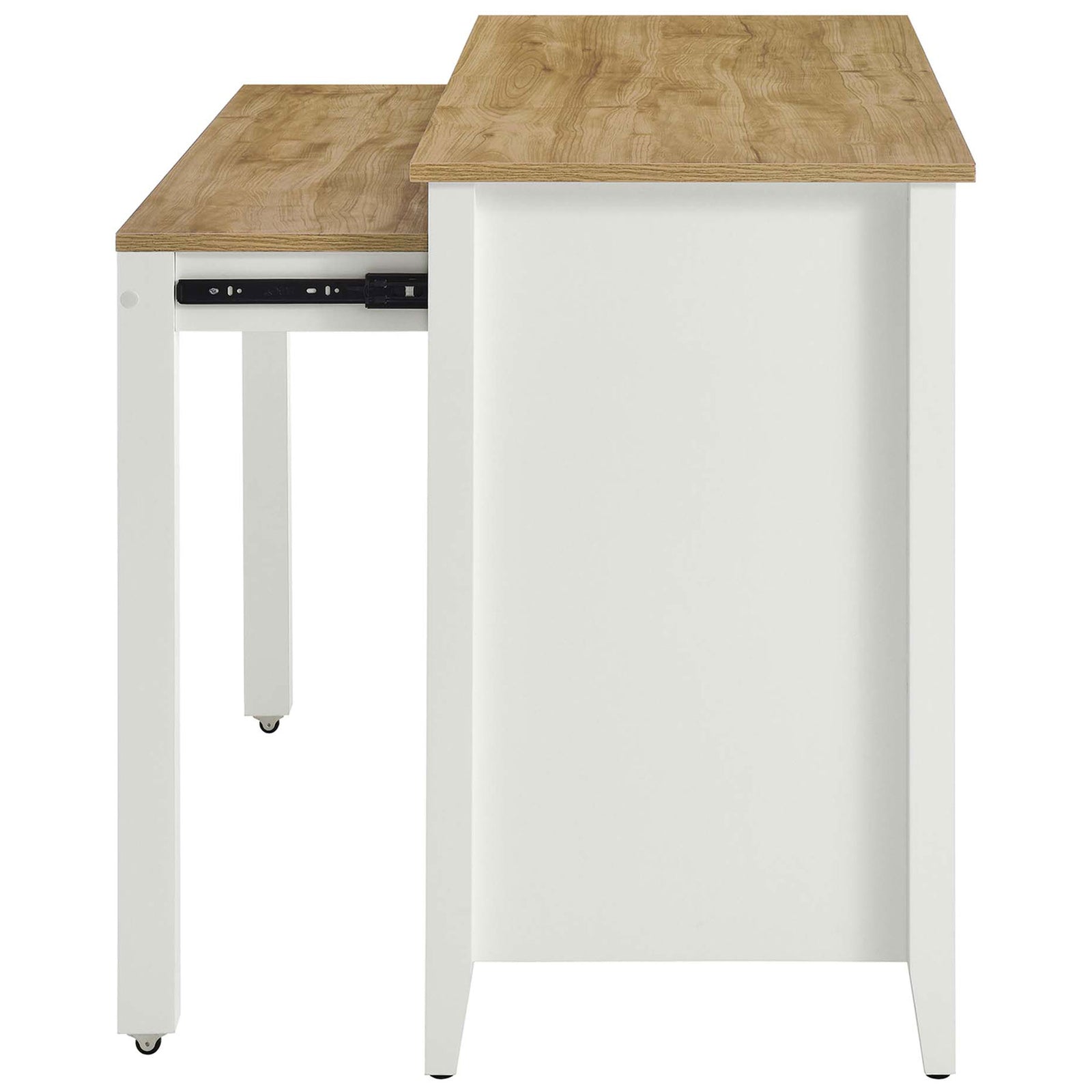 Kitchen island with pull out table on caster wheels and sturdy square legs for support || EEI-6727-OAK-WHI || side_converted_studio