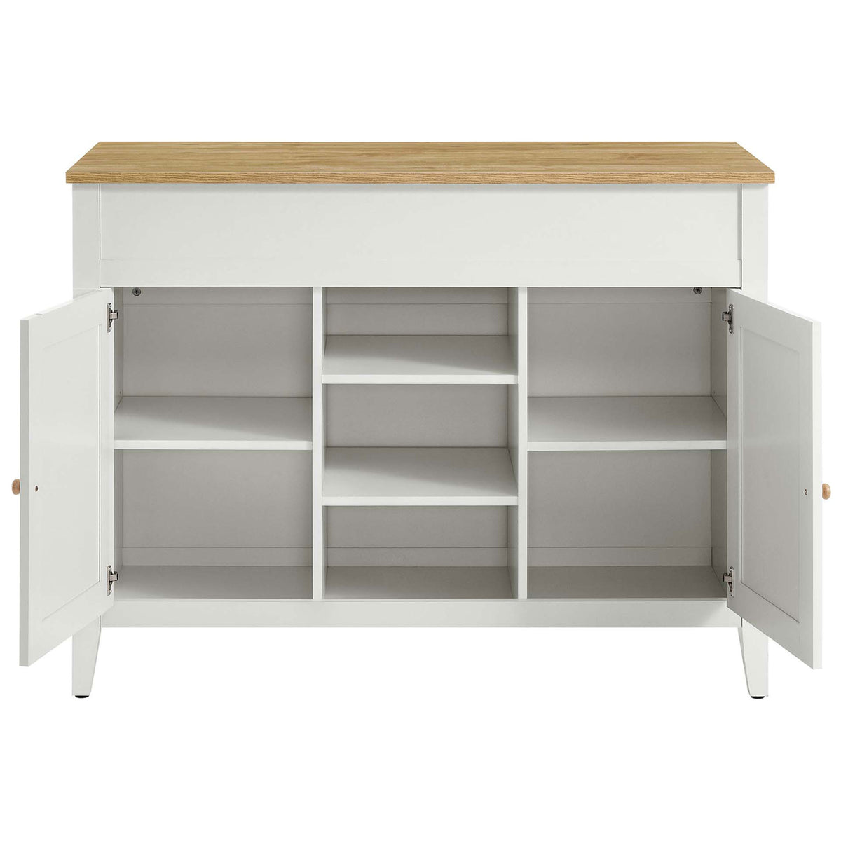 Kitchen island with both doors open revealing adjustable shelves and generous cabinet storage || EEI-6727-OAK-WHI || front_open_studio