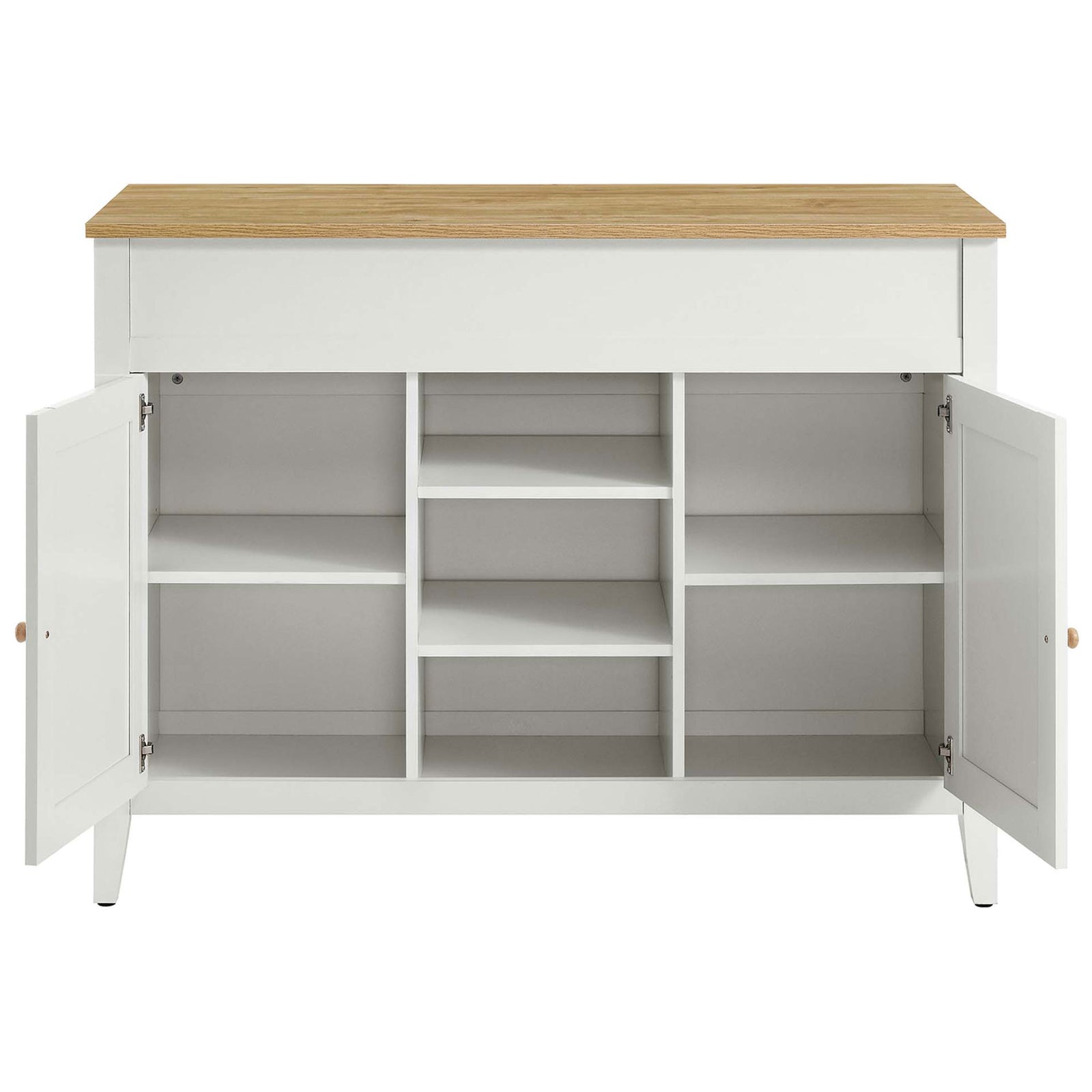 Kitchen island with both doors open revealing adjustable shelves and generous cabinet storage || EEI-6727-OAK-WHI || front_open_studio