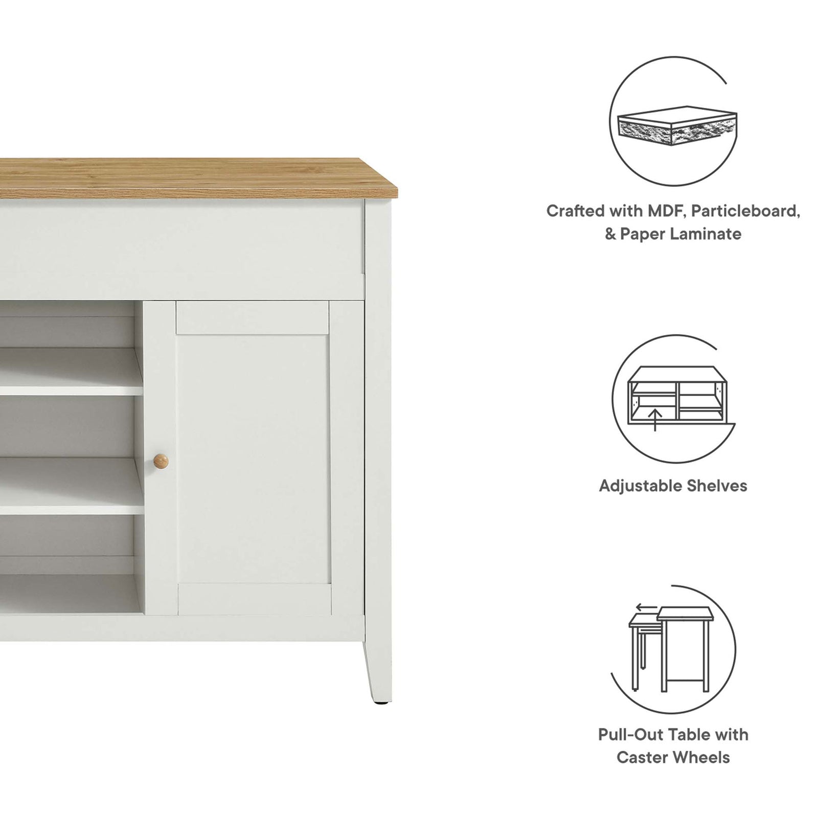 Design highlights for the kitchen island materials, adjustable shelves, and pull out table feature || EEI-6727-OAK-WHI || callout_studio