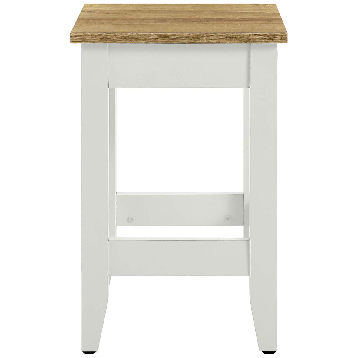 Square counter stool with an oak-look seat and crisp white base, featuring sturdy stretcher footrests || EEI-6729-OAK-WHI || front_studio