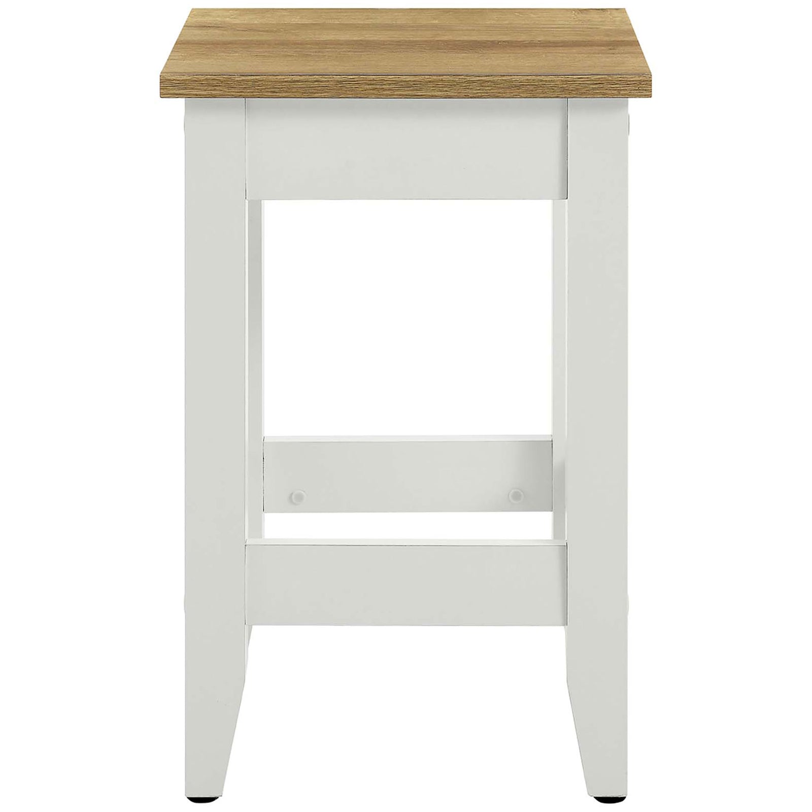 Square counter stool with an oak-look seat and crisp white base, featuring sturdy stretcher footrests || EEI-6729-OAK-WHI || front_studio