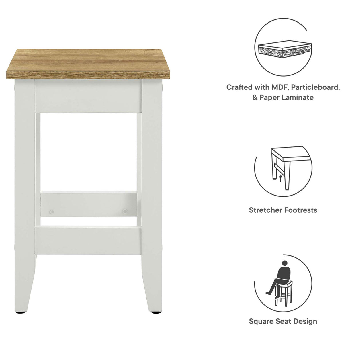 Durable MDF and particleboard stool with square seat and supportive stretcher footrests || EEI-6729-OAK-WHI || callout_studio