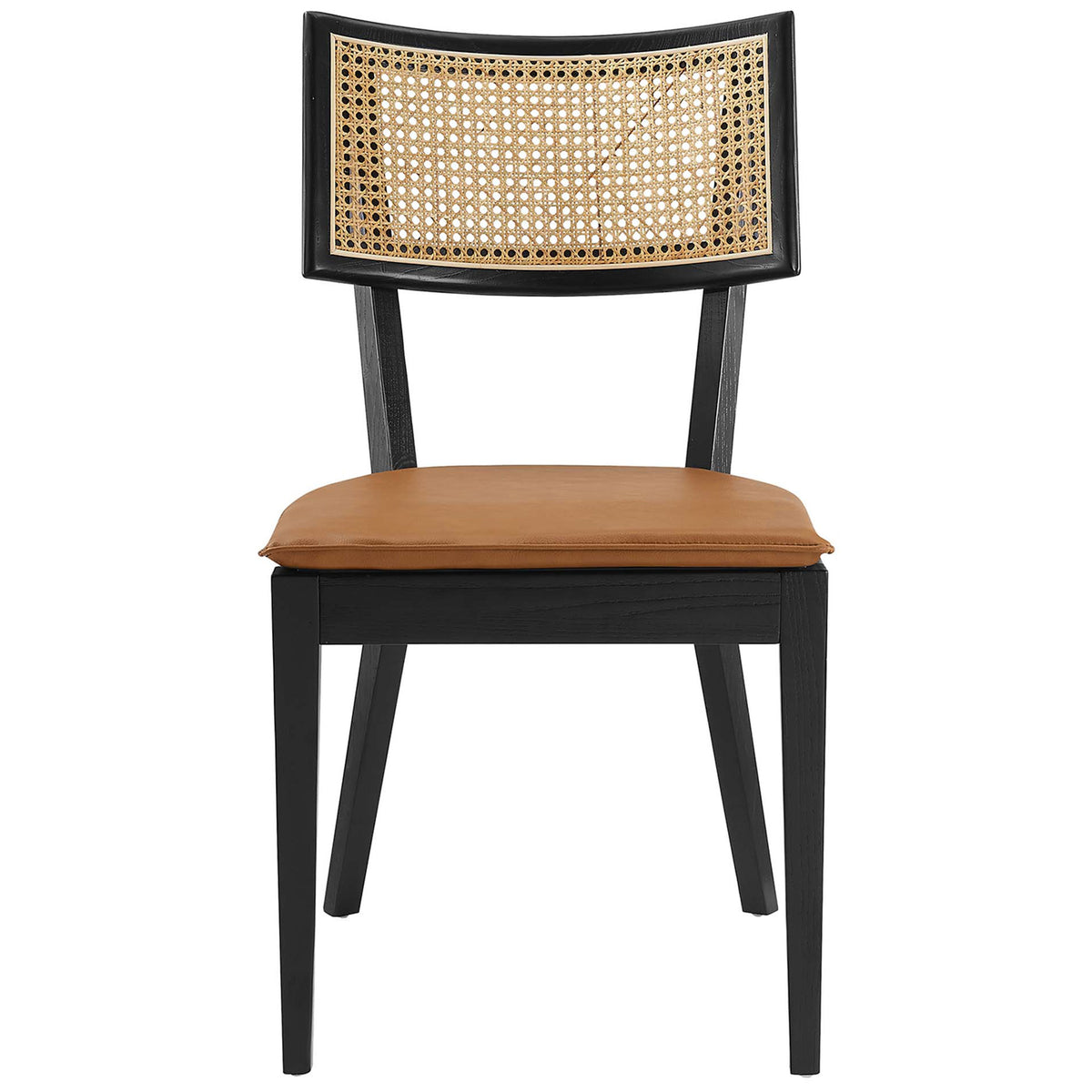 Black wood dining chair with tan vegan leather seat and woven rattan backrest || EEI-6732-BLK-TAN || front_studio