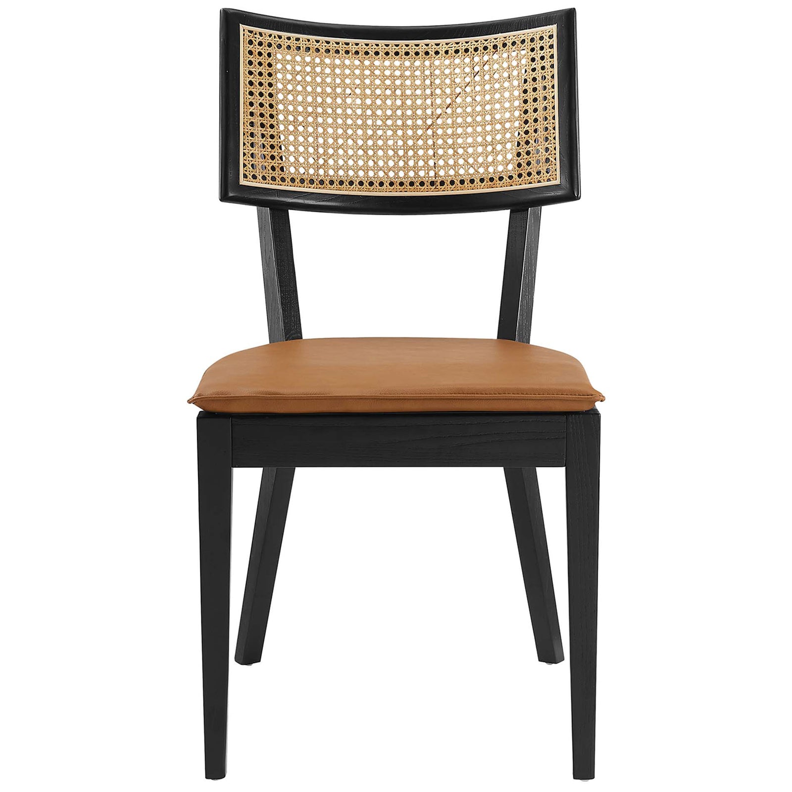 Black wood dining chair with tan vegan leather seat and woven rattan backrest || EEI-6732-BLK-TAN || front_studio