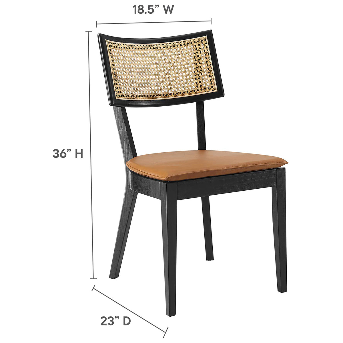 Dimension graphic of black wood dining chair with tan vegan leather seat and rattan backrest || EEI-6732-BLK-TAN || dimension_studio