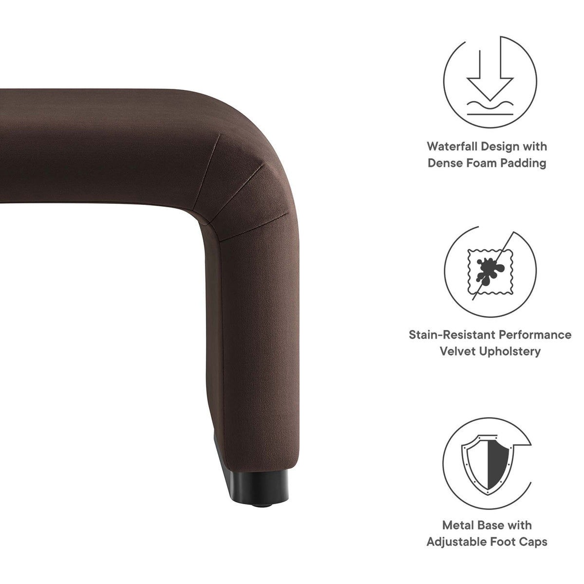 Waterfall stool features dense foam, stain-resistant performance velvet, and a stable metal base || EEI-6733-BLK-CHB || callout_studio