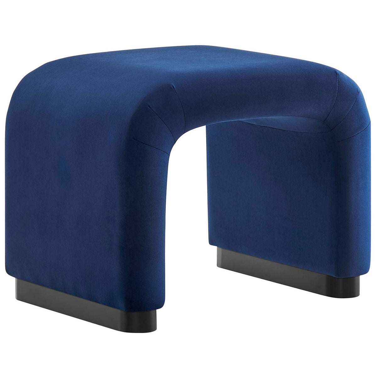 Chic U-shaped velvet stool in deep midnight blue with smooth curves and a low black base || EEI-6733-BLK-MID || front_angle_studio