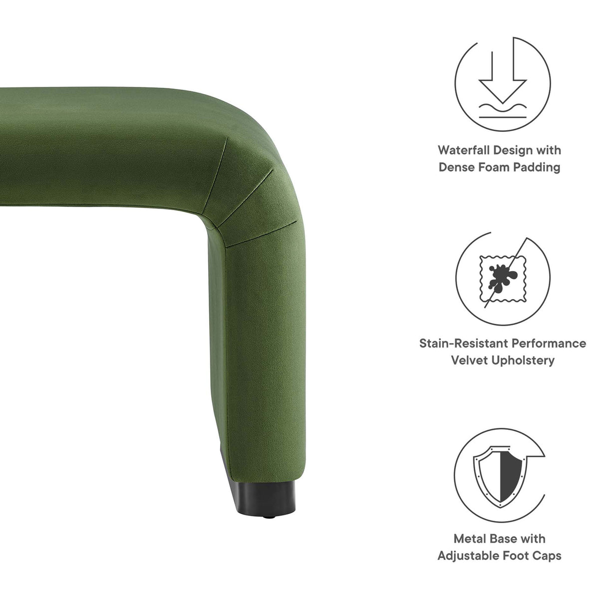 Stain-resistant velvet, dense foam comfort, and a metal base with adjustable foot caps || EEI-6733-BLK-MOS || callout_studio