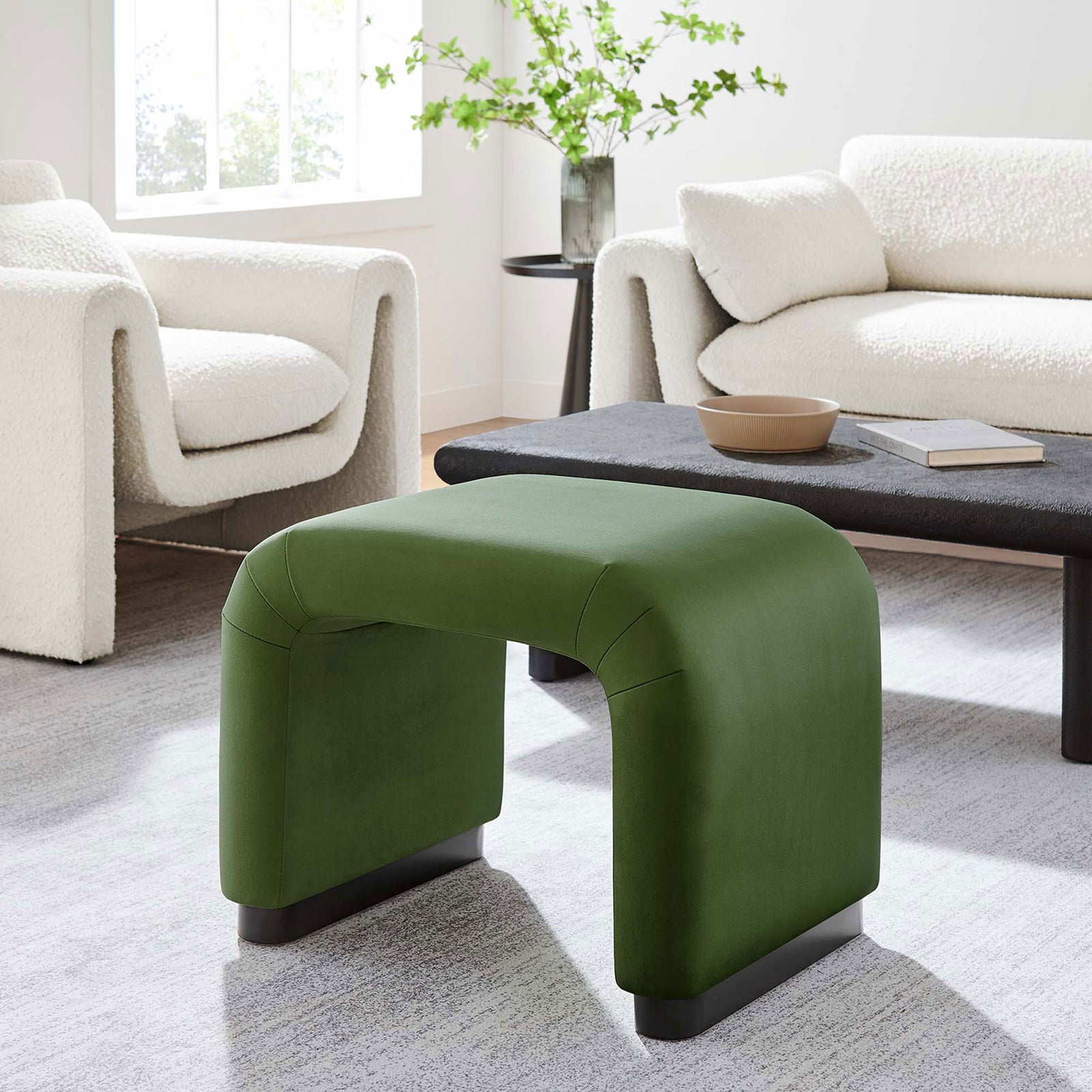 Elevates modern living spaces with rich moss green velvet and minimalist black base || EEI-6733-BLK-MOS || front_angle_room