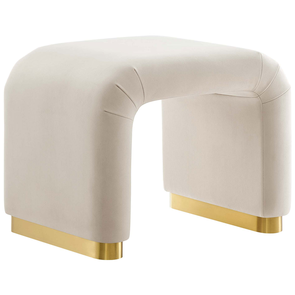 Stain-resistant performance velvet waterfall stool with plush curves and a brass-finished base || EEI-6733-BRA-ALM || front_angle_studio