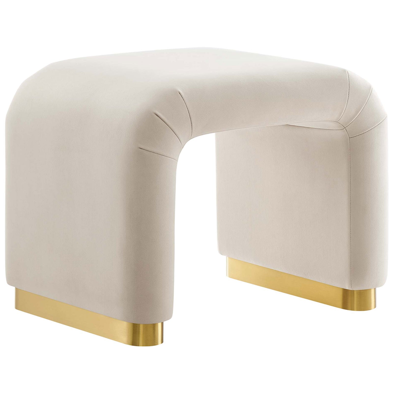 Stain-resistant performance velvet waterfall stool with plush curves and a brass-finished base || EEI-6733-BRA-ALM || front_angle_studio