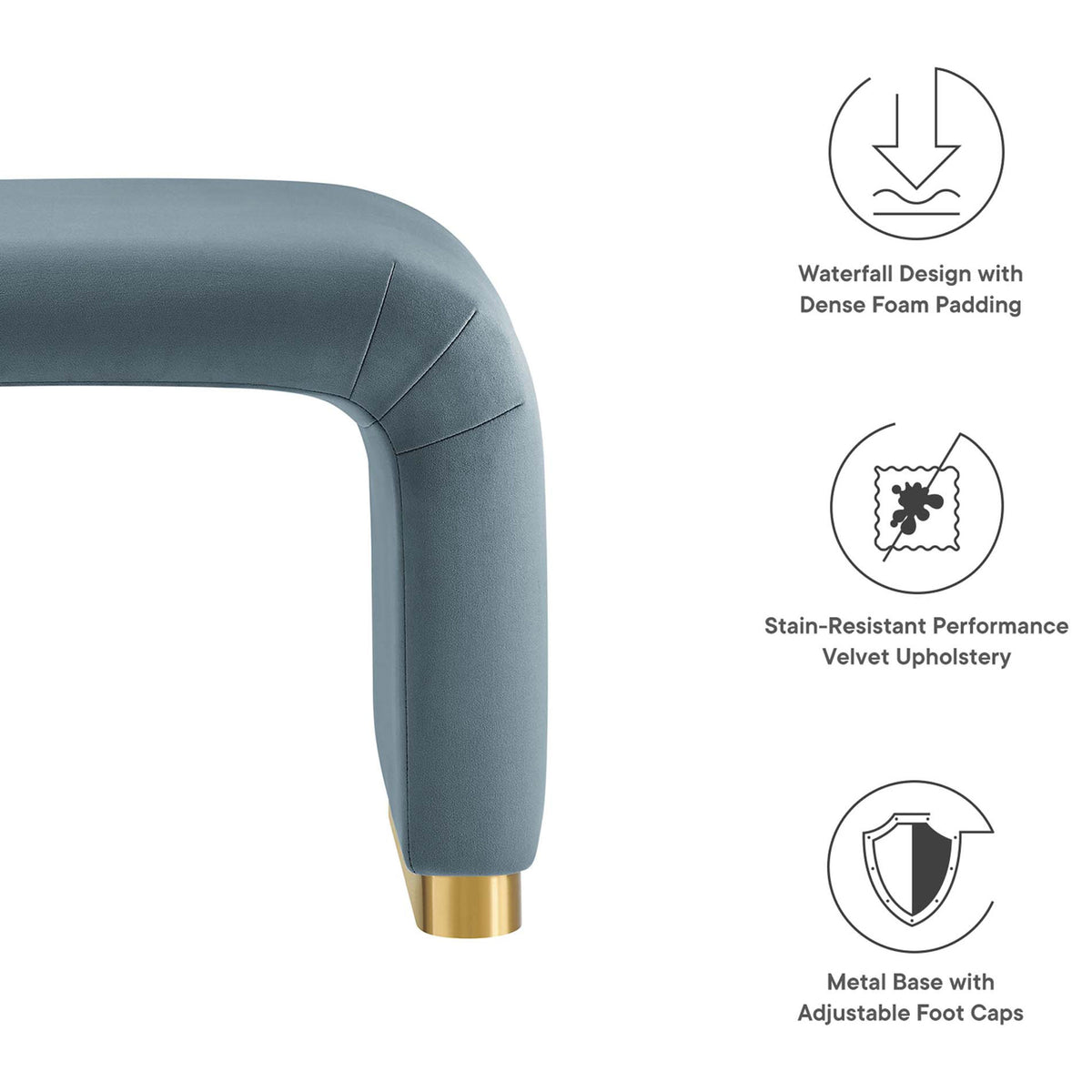 Key features include stain-resistant velvet, dense foam comfort, and a metal base with adjustable foot caps || EEI-6733-BRA-CAB || callout_studio