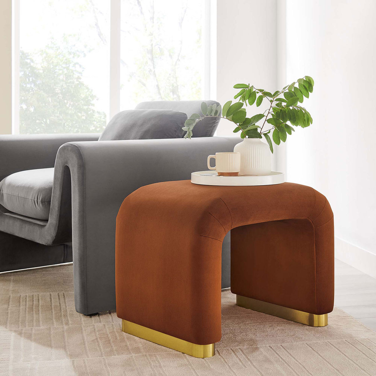 Chic accent stool serves as a side table, pairing rust velvet with a sleek brass base || EEI-6733-BRA-RUS || front_angle_room
