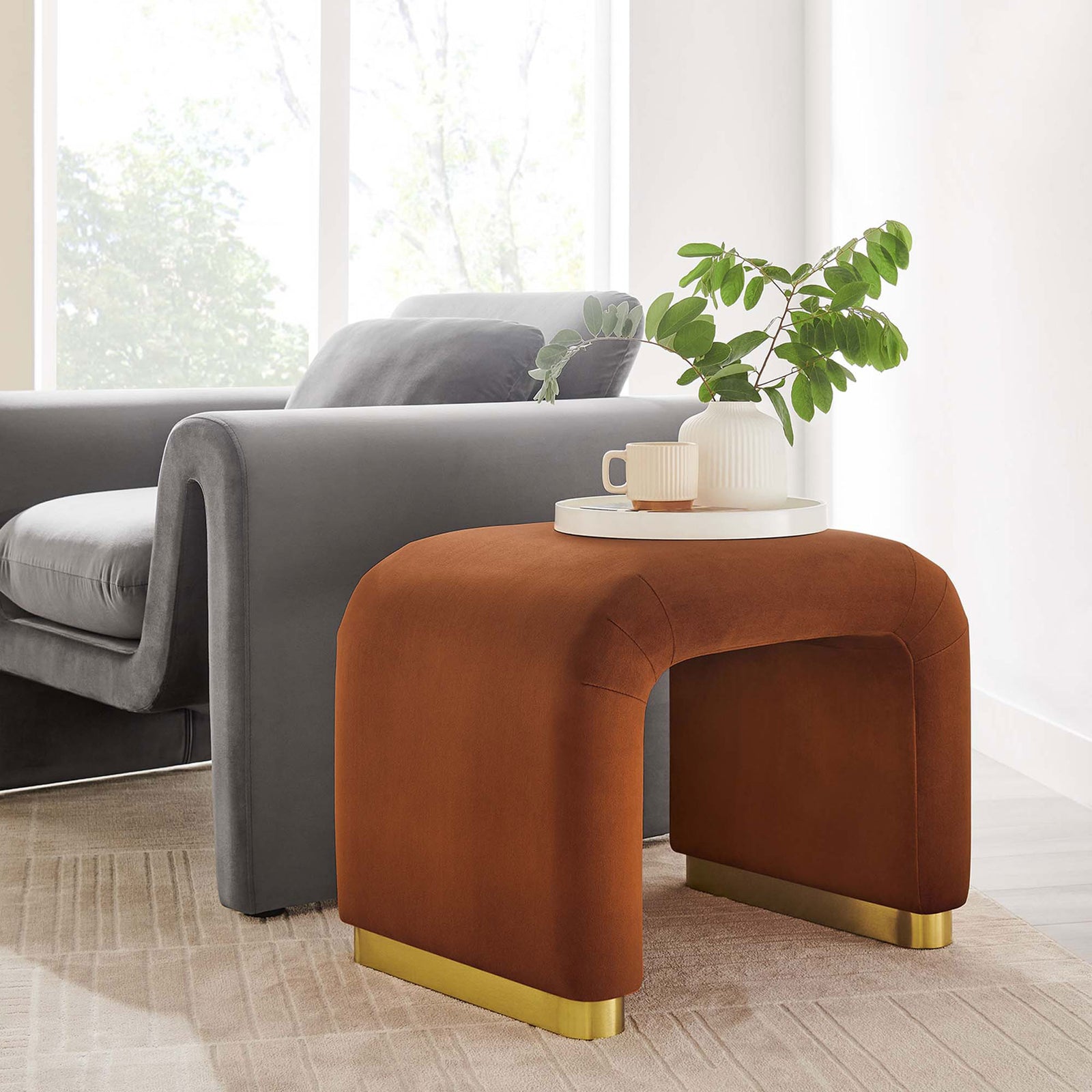 Chic accent stool serves as a side table, pairing rust velvet with a sleek brass base || EEI-6733-BRA-RUS || front_angle_room