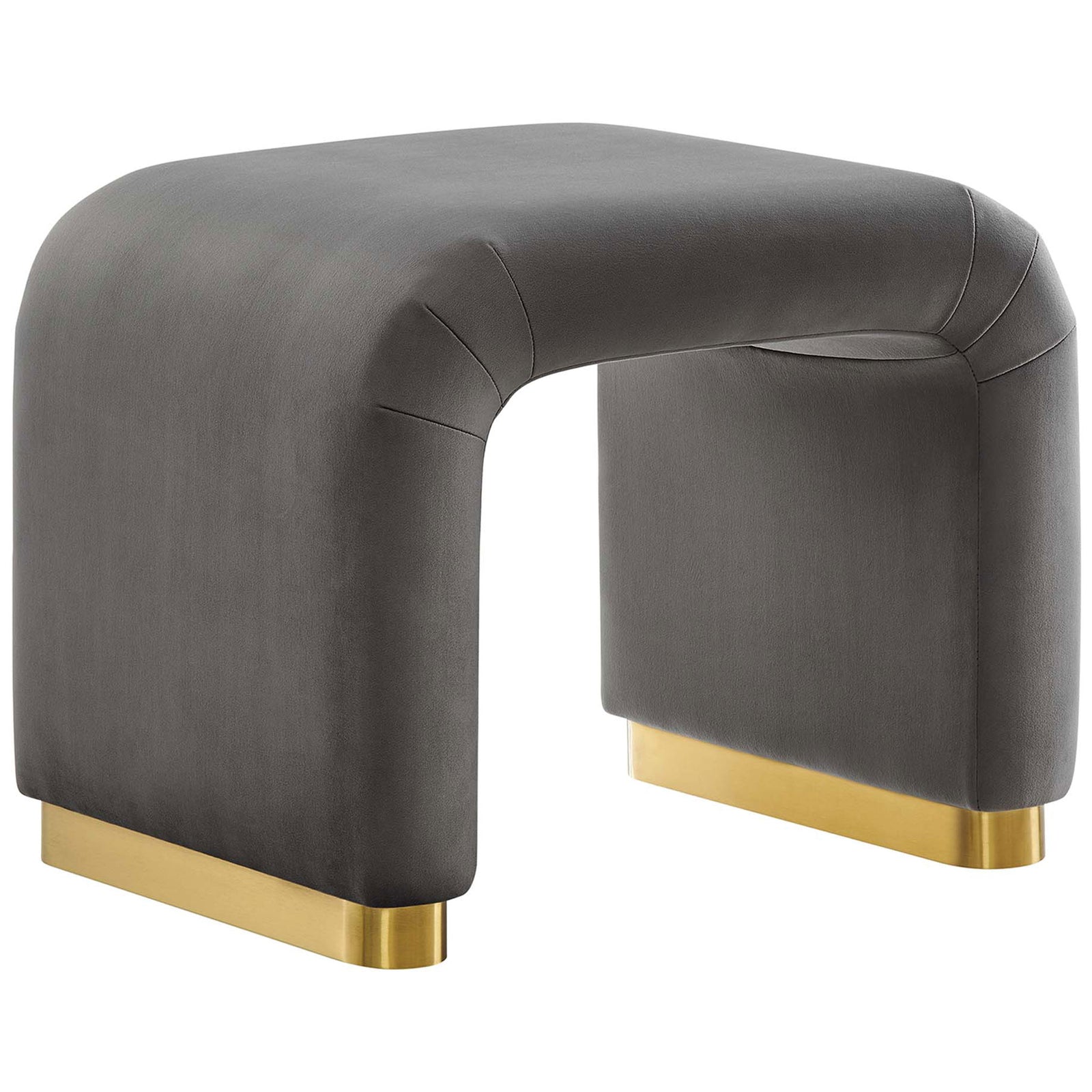 Chic arching silhouette upholstered in storm gray performance velvet with luxe brass base || EEI-6733-BRA-STG || front_angle_studio