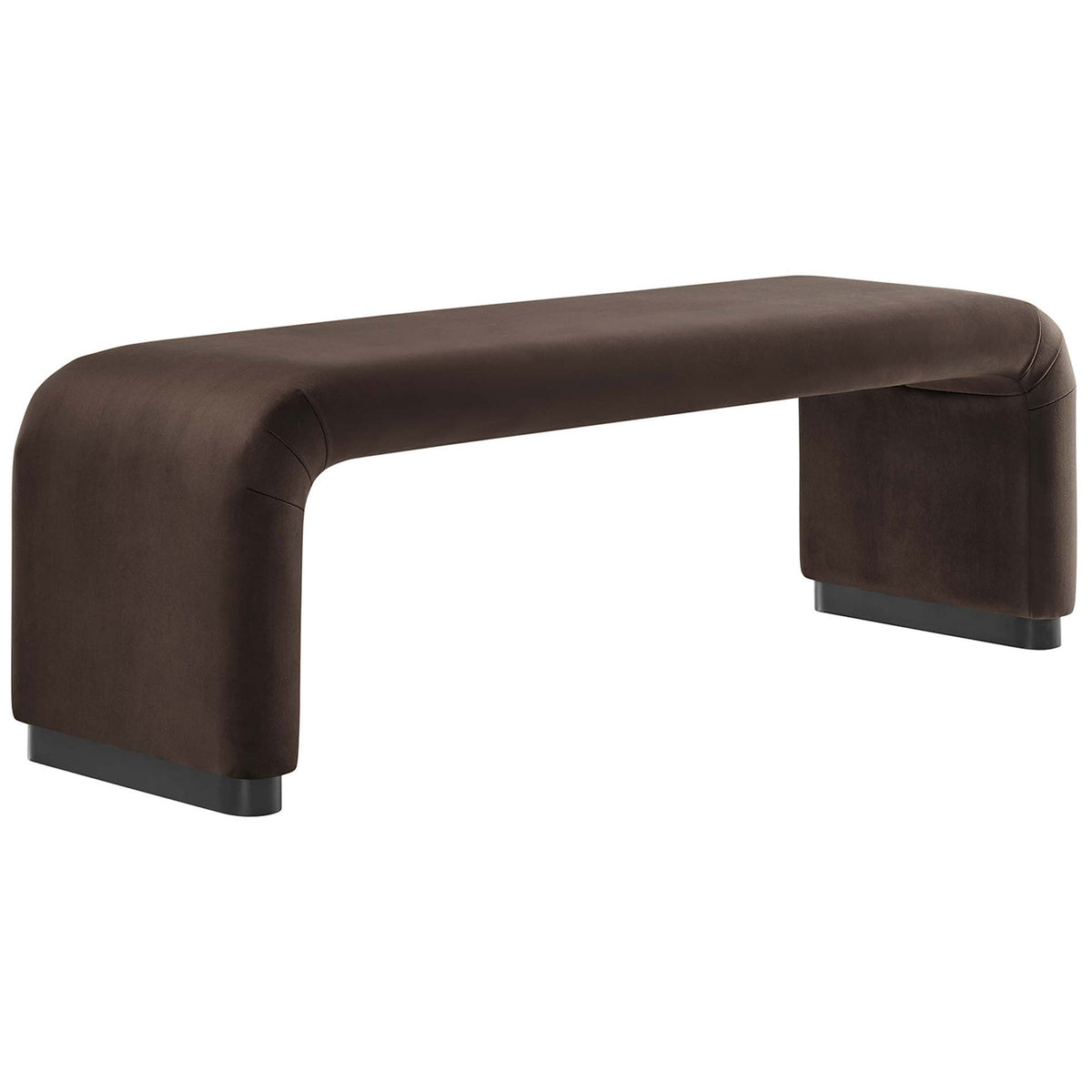 Luxe chocolate velvet bench with smooth waterfall curves and supportive foam for refined seating. || EEI-6734-BLK-CHB || front_angle_studio