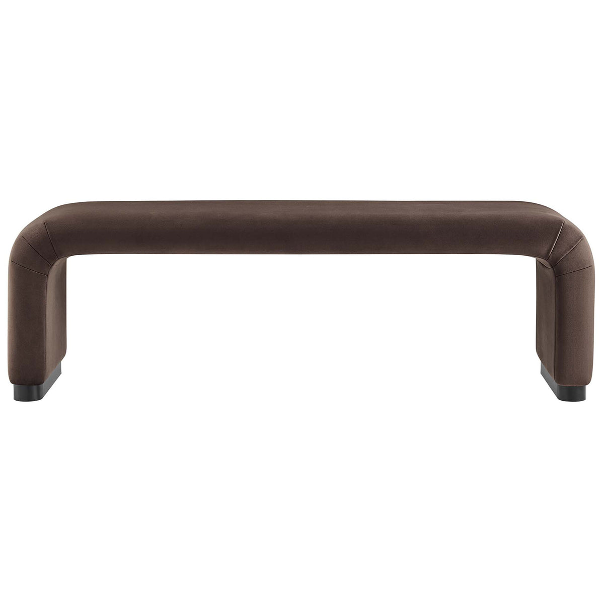 Waterfall silhouette bench in chocolate performance velvet with plush cushioning and sleek base. || EEI-6734-BLK-CHB || front_studio