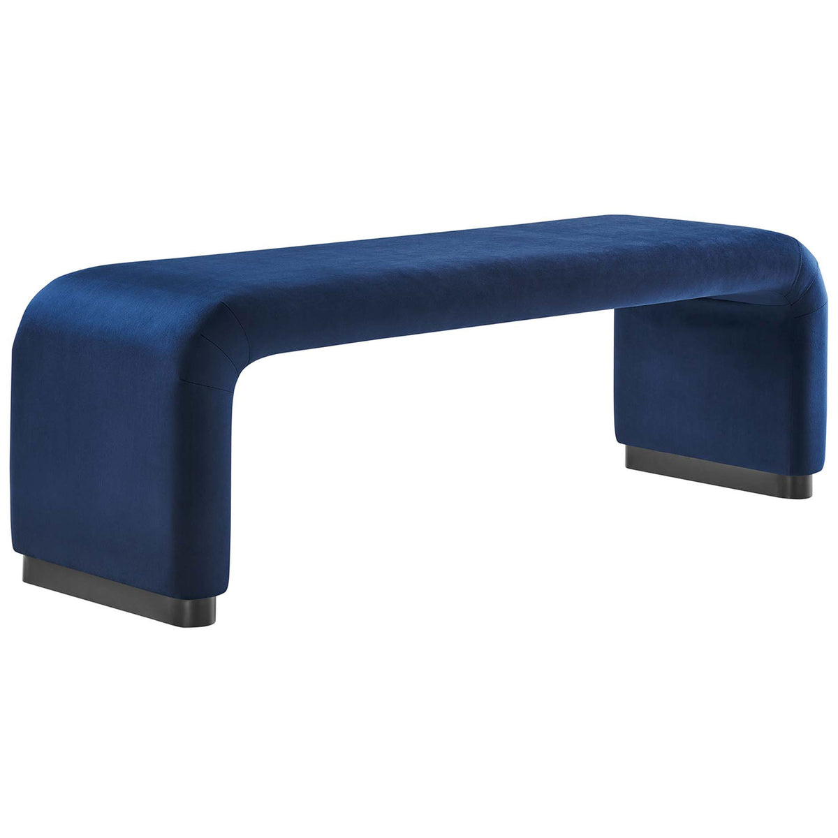 Waterfall bench in midnight blue performance velvet with smooth curves and a sleek black base || EEI-6734-BLK-MID || front_angle_studio
