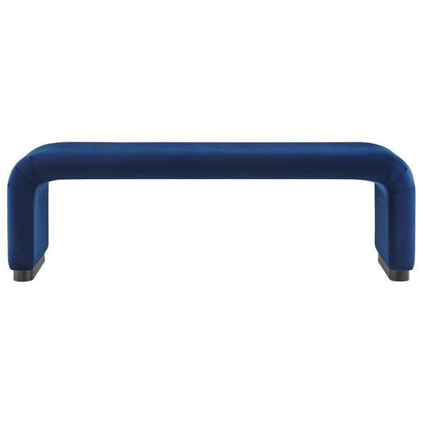 Long, minimalist bench in midnight blue velvet with rounded corners and a low-profile black base || EEI-6734-BLK-MID || front_studio