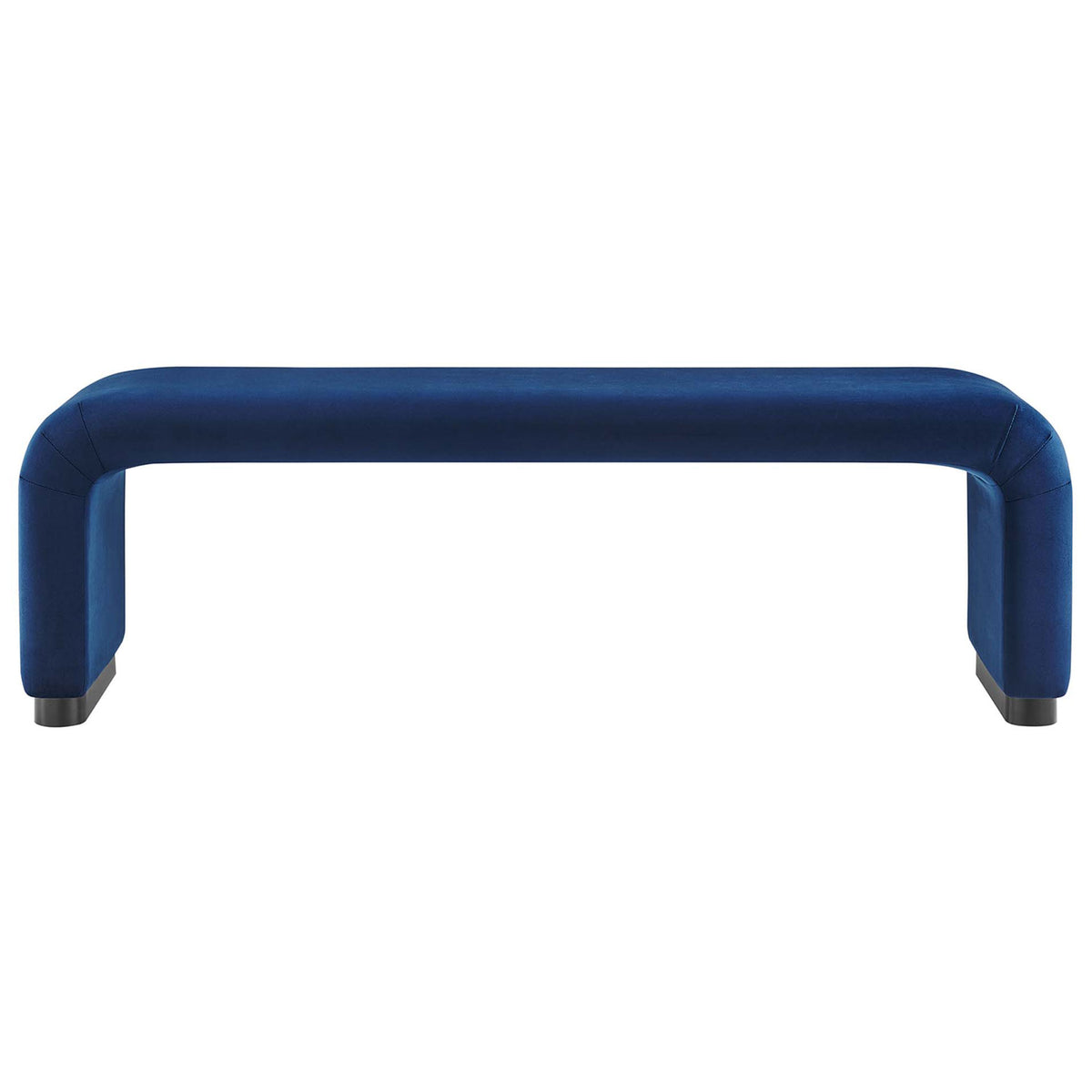 Long, minimalist bench in midnight blue velvet with rounded corners and a low-profile black base || EEI-6734-BLK-MID || front_studio