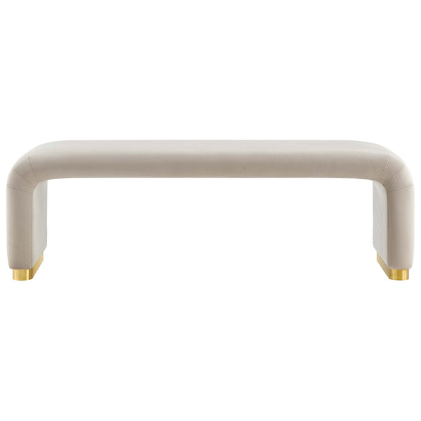 Long waterfall bench in almond performance velvet with plush cushioning and brushed brass base ends || EEI-6734-BRA-ALM || front_studio