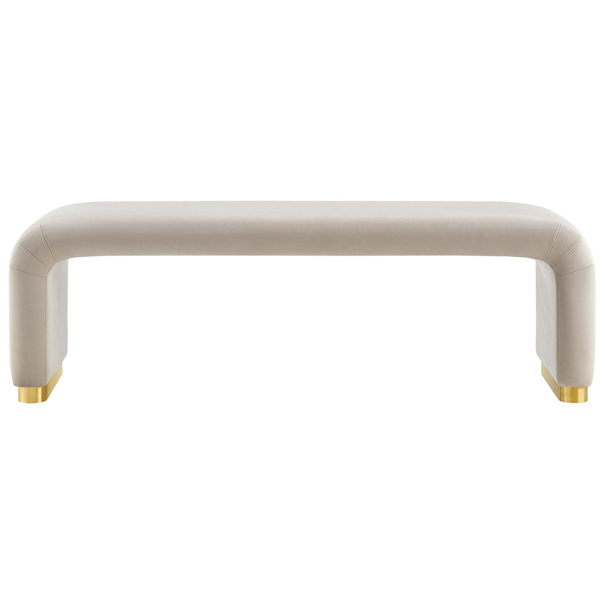 Long waterfall bench in almond performance velvet with plush cushioning and brushed brass base ends || EEI-6734-BRA-ALM || front_studio