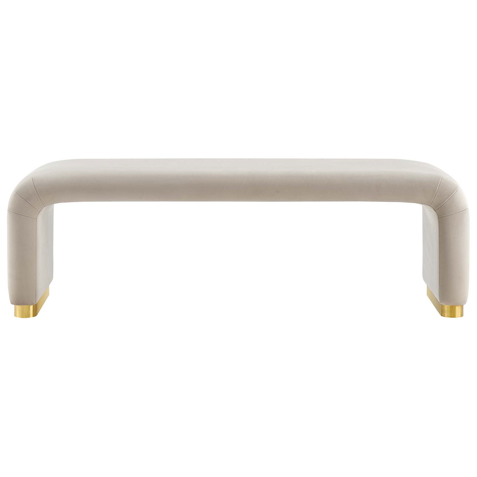 Long waterfall bench in almond performance velvet with plush cushioning and brushed brass base ends || EEI-6734-BRA-ALM || front_studio