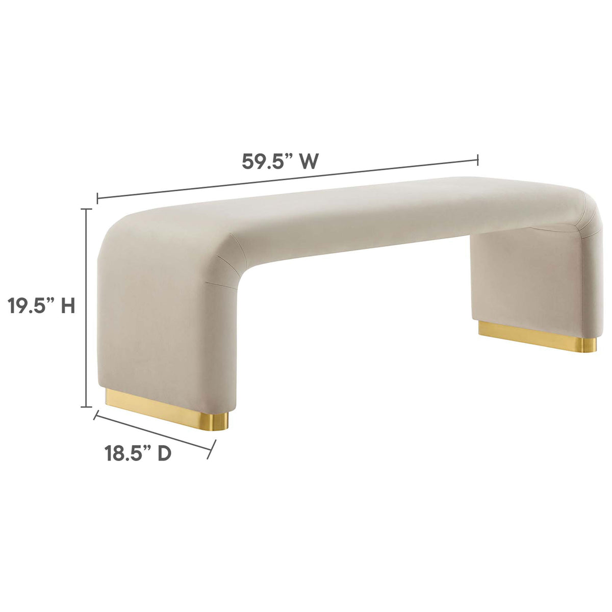 Generous 59.5 inch width, 18.5 inch depth, and 19.5 inch height showcase the bench's sleek waterfall form || EEI-6734-BRA-ALM || dimension_studio