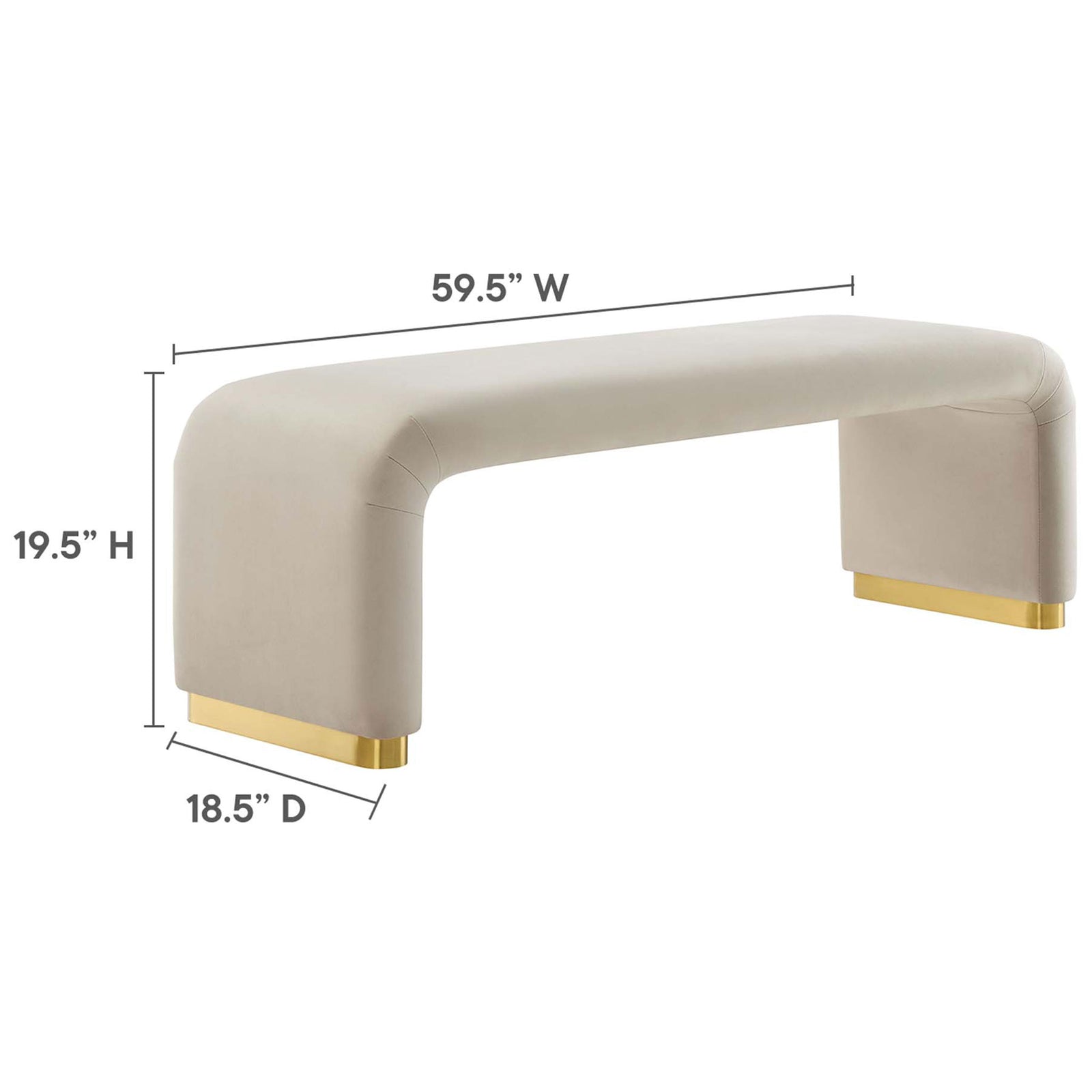 Generous 59.5 inch width, 18.5 inch depth, and 19.5 inch height showcase the bench's sleek waterfall form || EEI-6734-BRA-ALM || dimension_studio