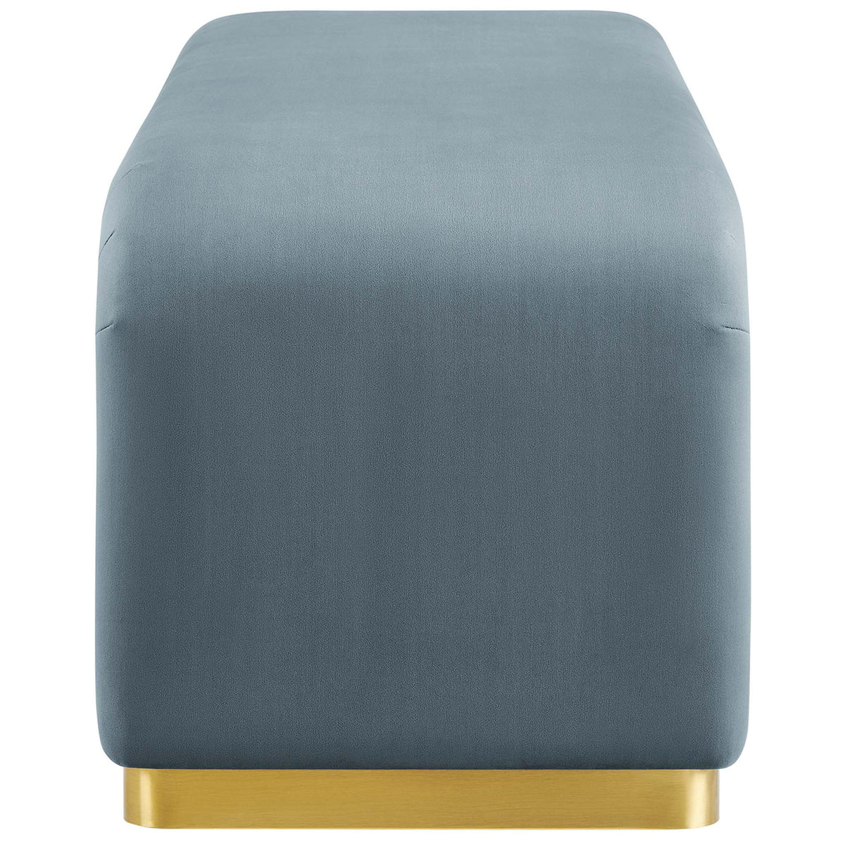 Rounded bench end highlights smooth upholstery and solid metal base in a chic brass finish. || EEI-6734-BRA-CAB || side_studio