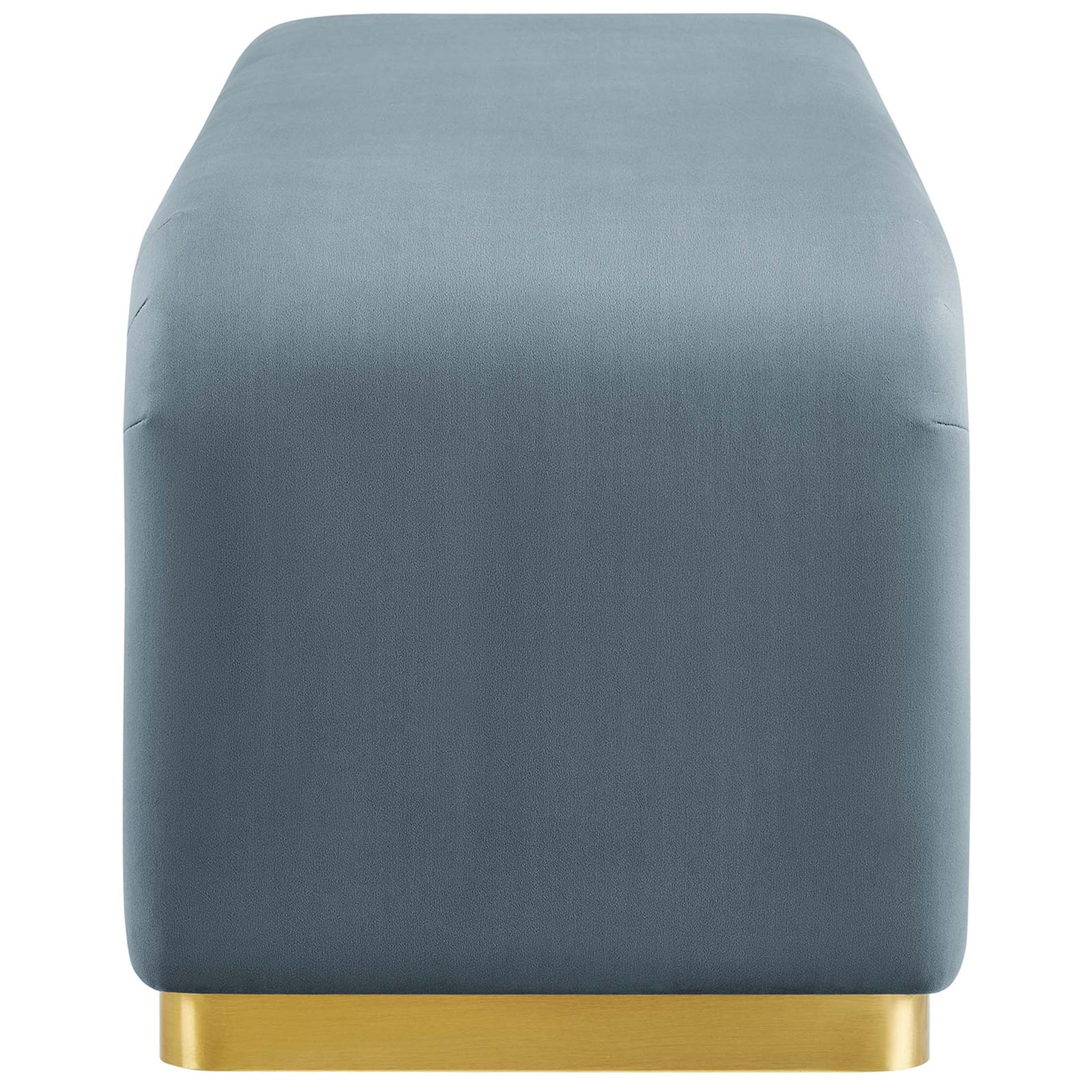 Rounded bench end highlights smooth upholstery and solid metal base in a chic brass finish. || EEI-6734-BRA-CAB || side_studio