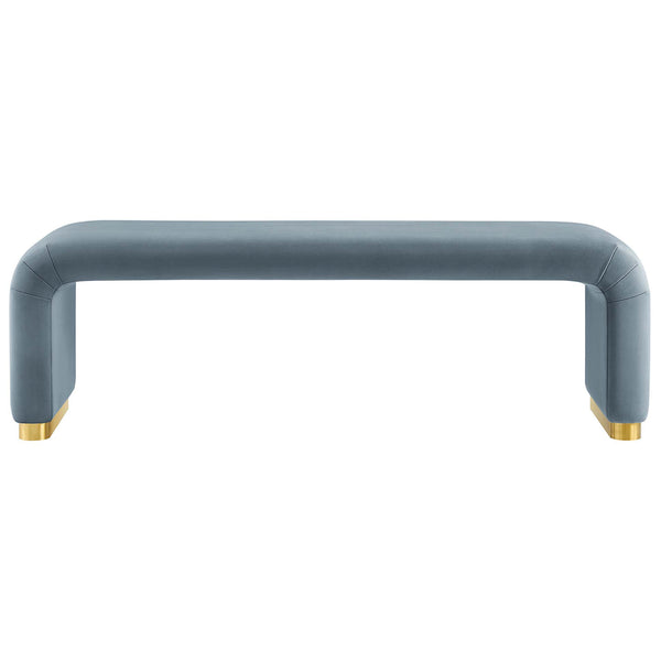 Waterfall bench in stain-resistant cadet blue velvet with gleaming brass base. || EEI-6734-BRA-CAB || front_studio