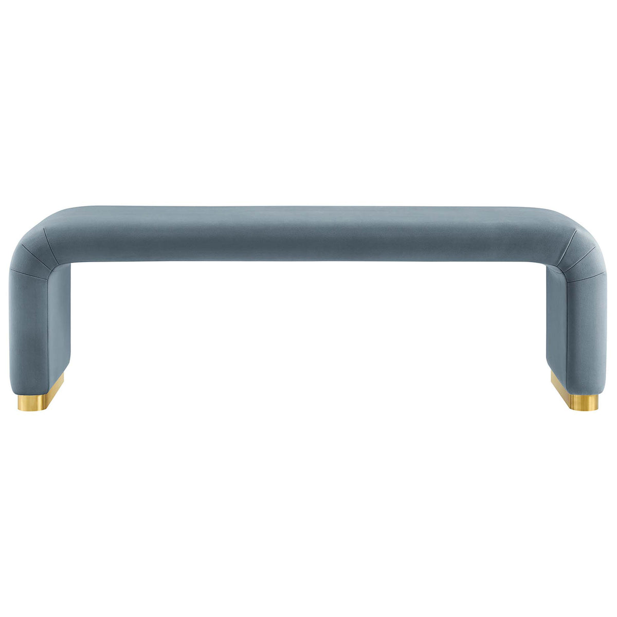 Waterfall bench in stain-resistant cadet blue velvet with gleaming brass base. || EEI-6734-BRA-CAB || front_studio