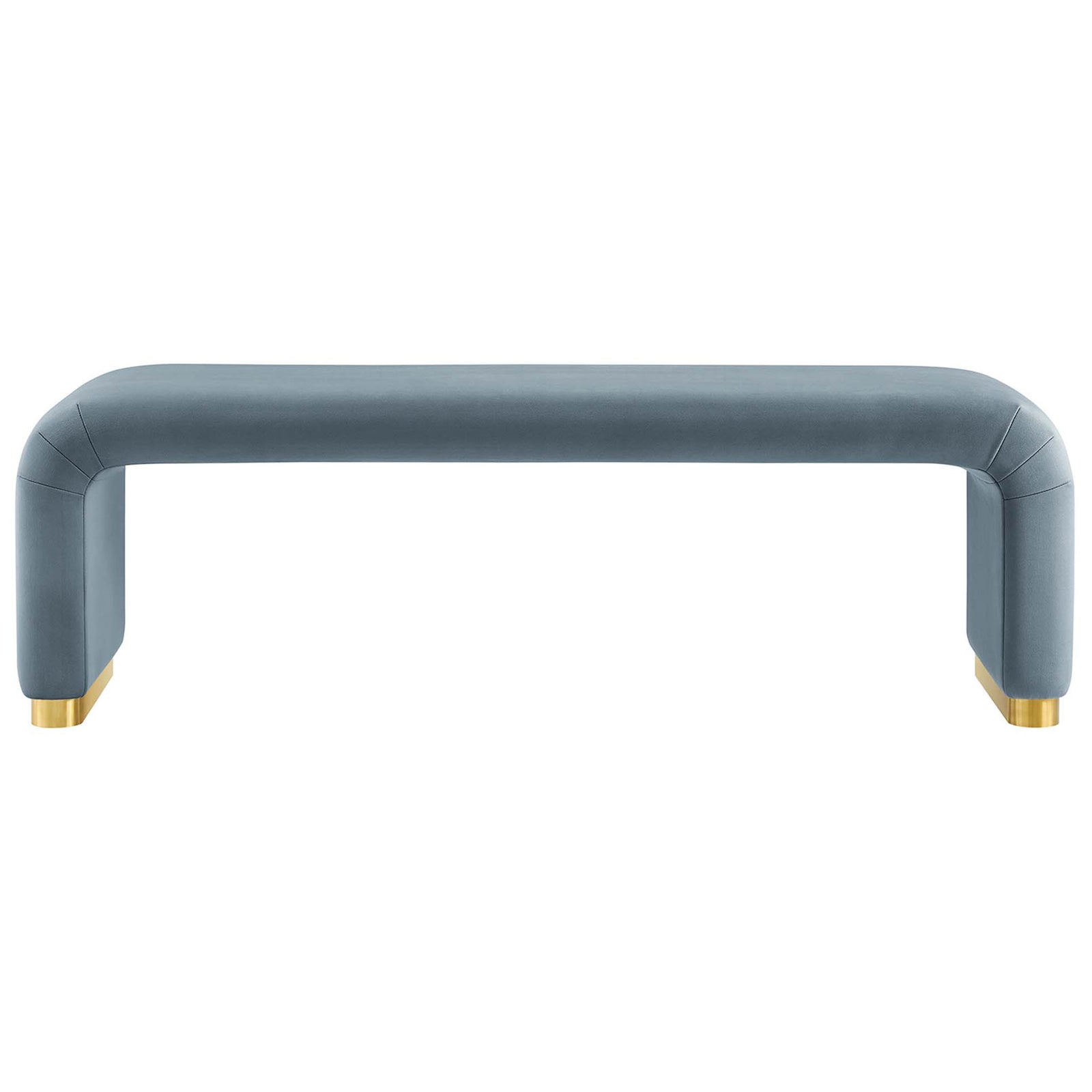 Waterfall bench in stain-resistant cadet blue velvet with gleaming brass base. || EEI-6734-BRA-CAB || front_studio