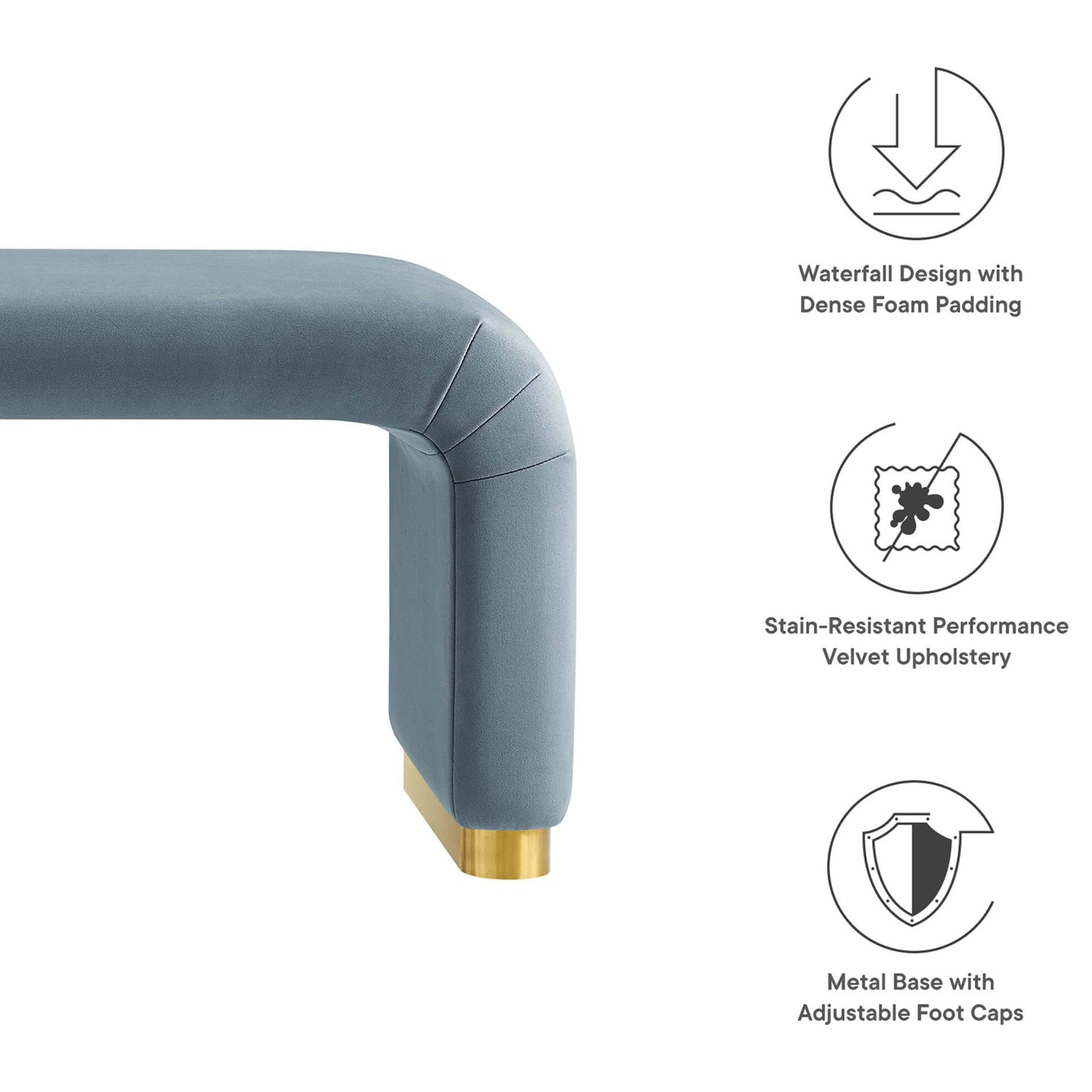Feature highlights: stain-resistant performance velvet, dense foam comfort, and brass base. || EEI-6734-BRA-CAB || callout_studio