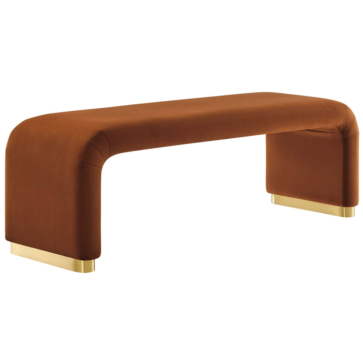Curved waterfall bench in rich rust velvet with smooth lines and brass base accents || EEI-6734-BRA-RUS || front_angle_studio