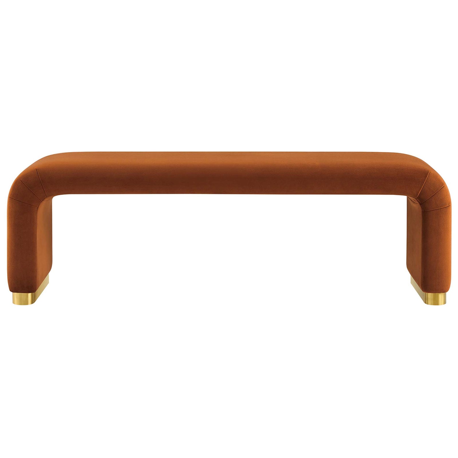 A sculptural waterfall bench in rust performance velvet with a gleaming brass base || EEI-6734-BRA-RUS || front_studio