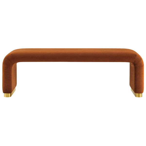 A sculptural waterfall bench in rust performance velvet with a gleaming brass base || EEI-6734-BRA-RUS || front_studio