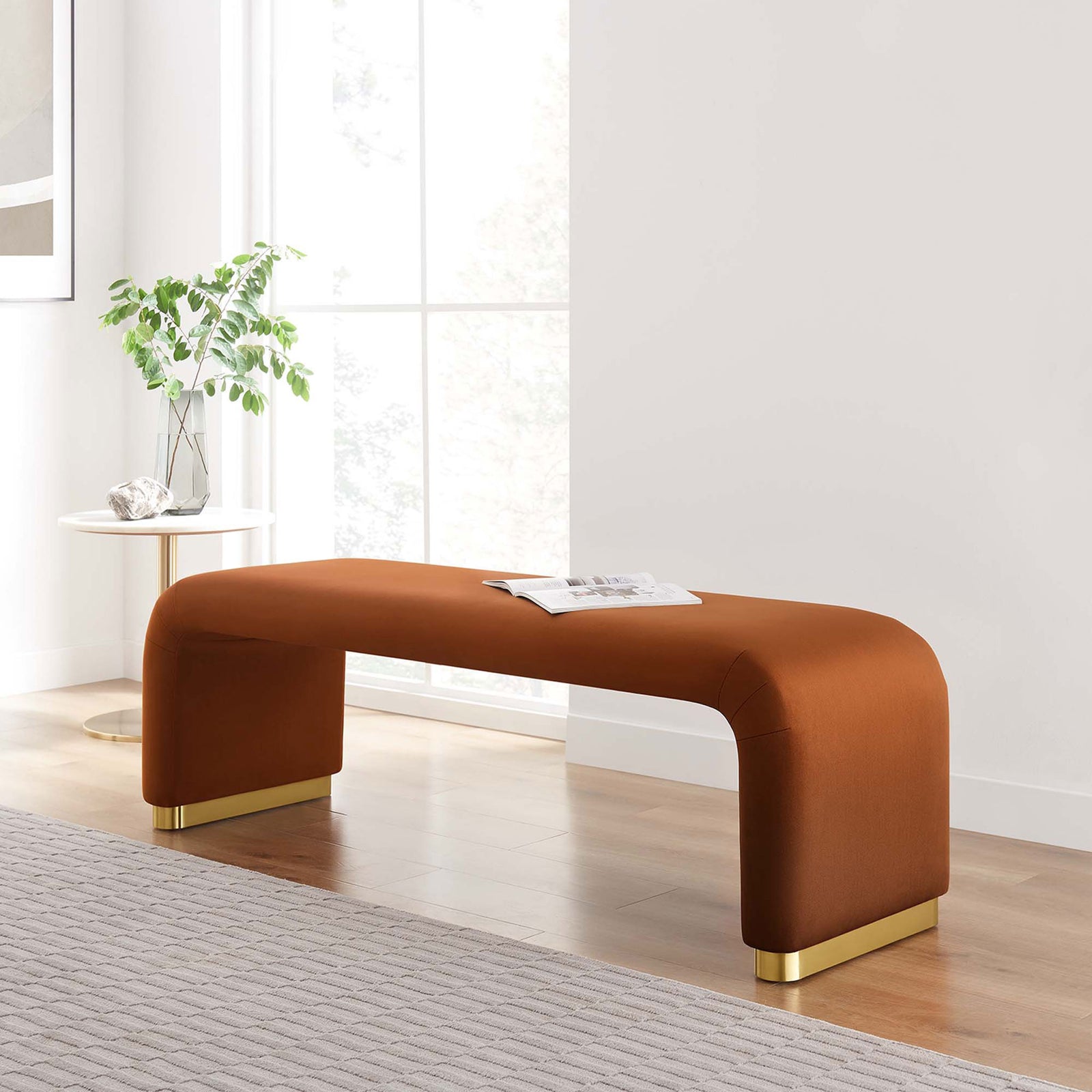 Velvet waterfall bench lends warm rust tones and brass accents to modern decor || EEI-6734-BRA-RUS || front_angle_room