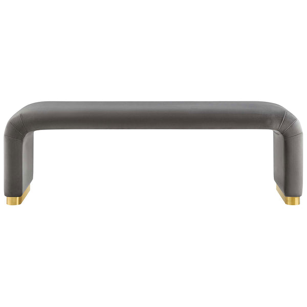 Storm gray velvet waterfall bench with brass-finished base and smooth, rounded edges || EEI-6734-BRA-STG || front_studio
