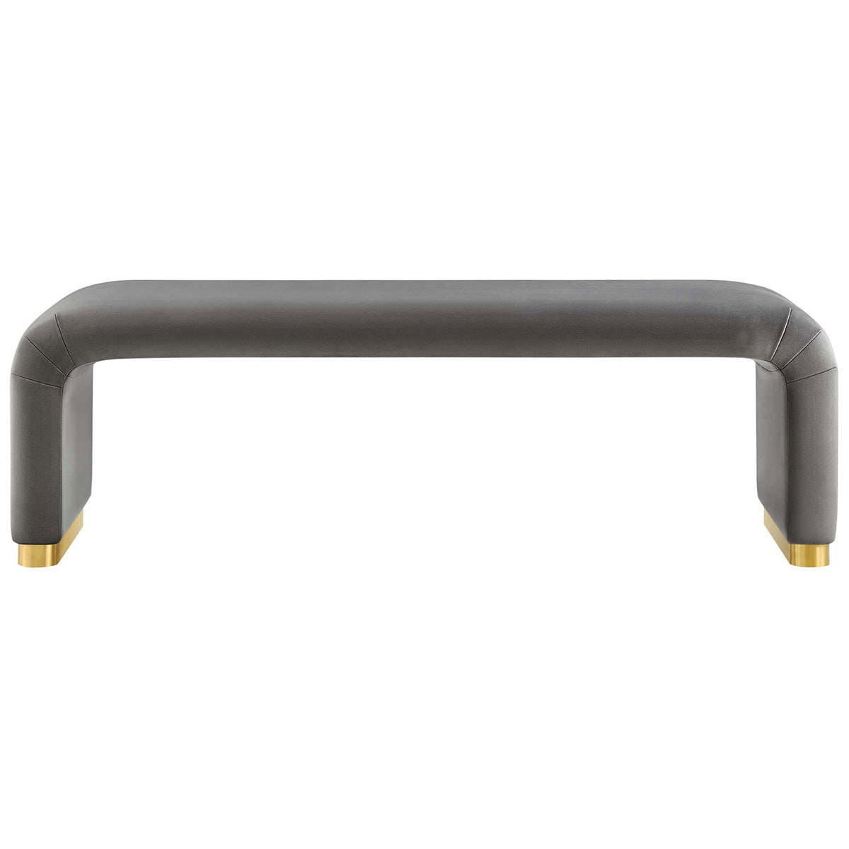 Storm gray velvet waterfall bench with brass-finished base and smooth, rounded edges || EEI-6734-BRA-STG || front_studio