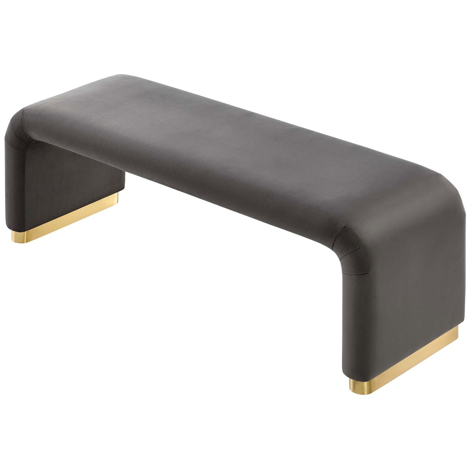 Plush, smooth-top bench with rounded waterfall corners and brass foot caps in rich storm gray velvet || EEI-6734-BRA-STG || top_angle_studio