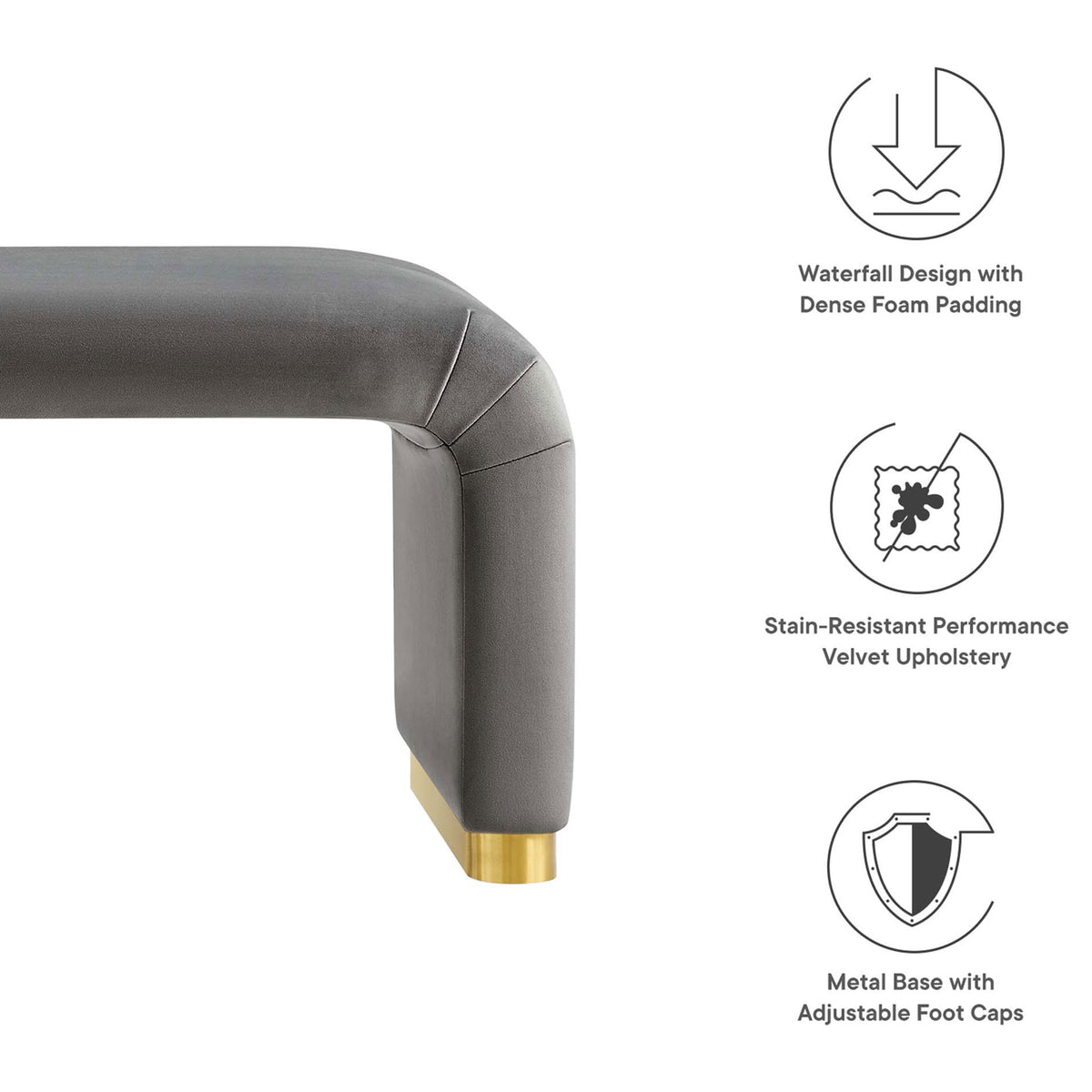 Key features: waterfall design with dense foam, stain-resistant velvet, and metal base with adjustable foot caps || EEI-6734-BRA-STG || callout_studio