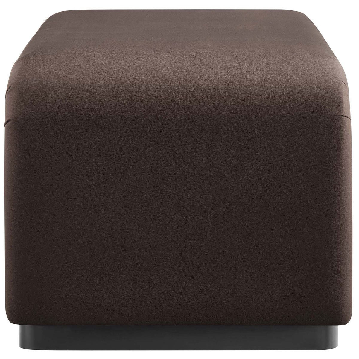 Low-profile velvet ottoman showing the thick cushioned end and sturdy waterfall base design || EEI-6735-BLK-CHB || side_studio