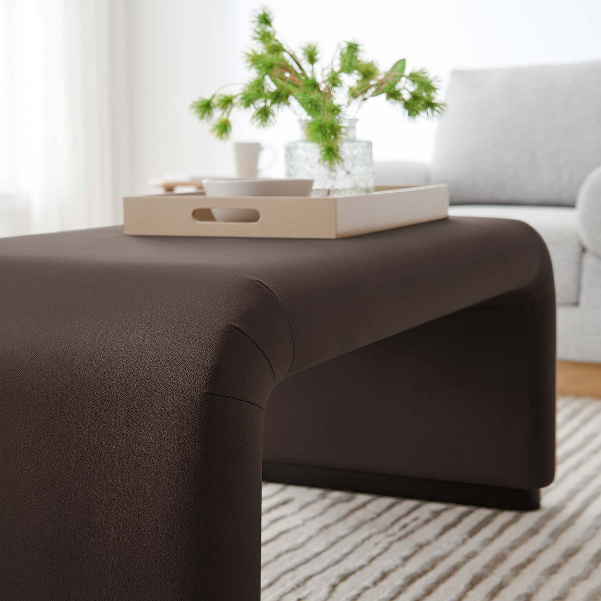 Chocolate brown velvet ottoman styled with a tray and greenery in a bright modern living room || EEI-6735-BLK-CHB || detail_room