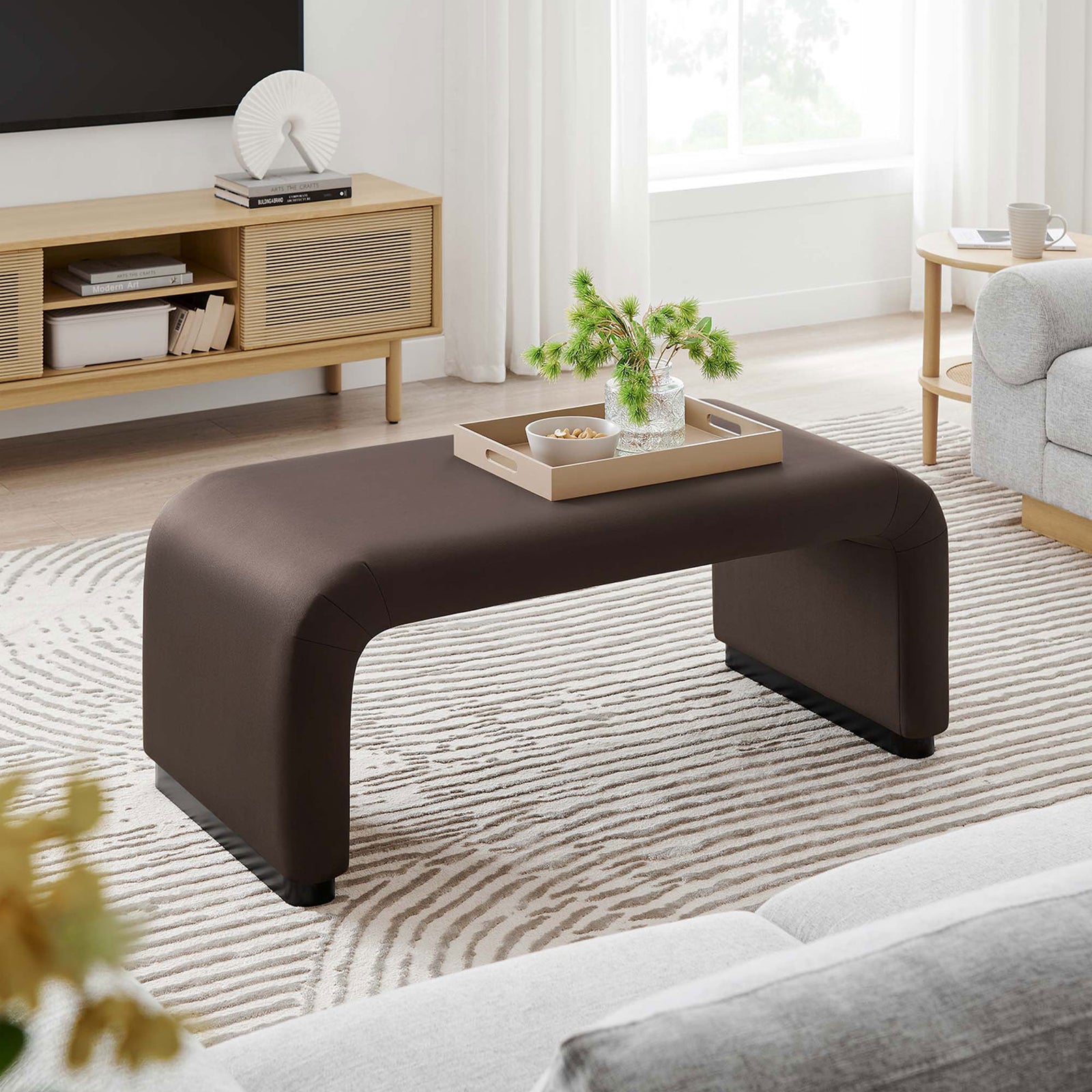 Waterfall coffee ottoman anchoring a cozy living room with soft rug, greenery, and media console || EEI-6735-BLK-CHB || front_angle_room